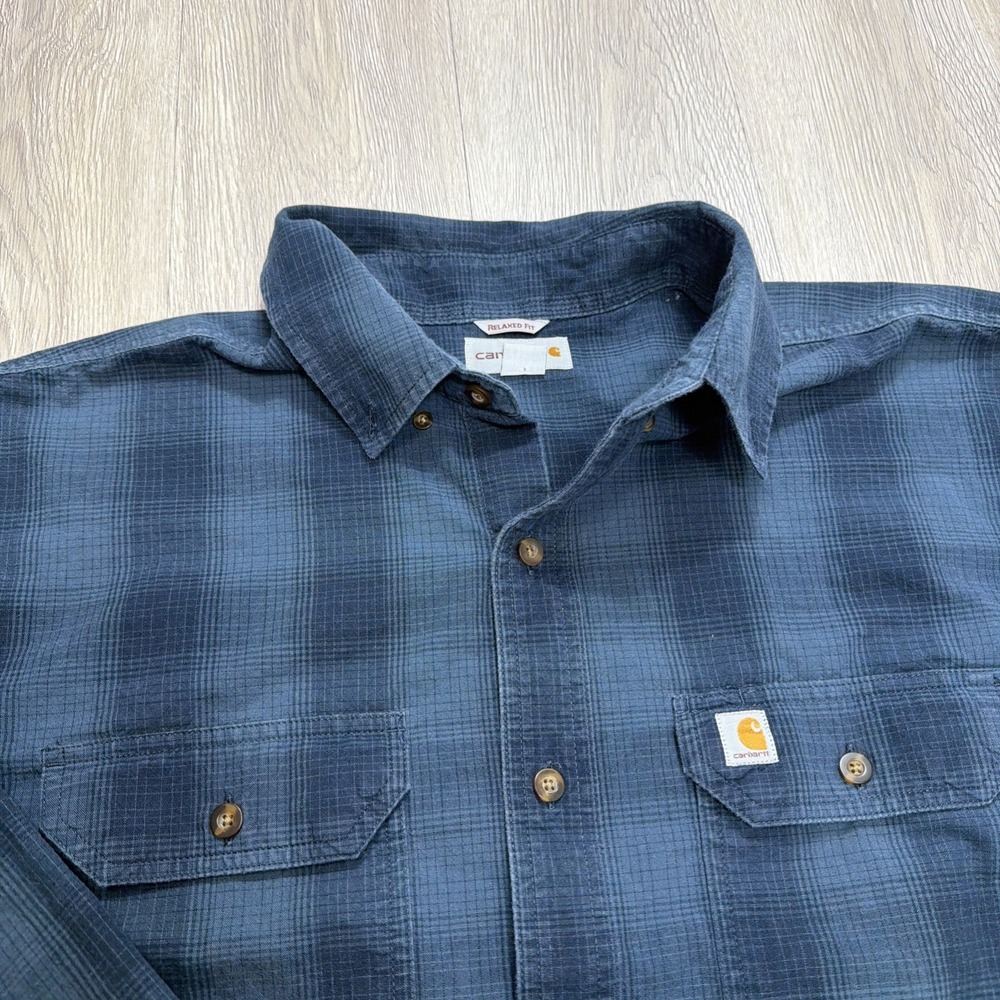 CARHARTT Flannel Shirt Long Sleeve Mens XL Blue Pockets Checked Relaxed Workwear
